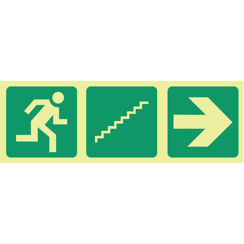 E18 - SABS Photoluminescent running man, stairs up, arrow right safety ...